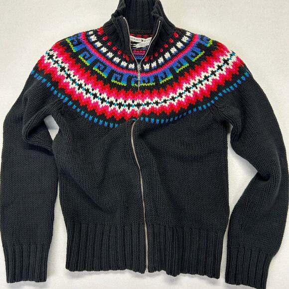 Vtg Tommy Hilfiger Womens M Fair Isle Sweater Cardigan Black Full Zip Cotton Bln - Picture 13 of 16
